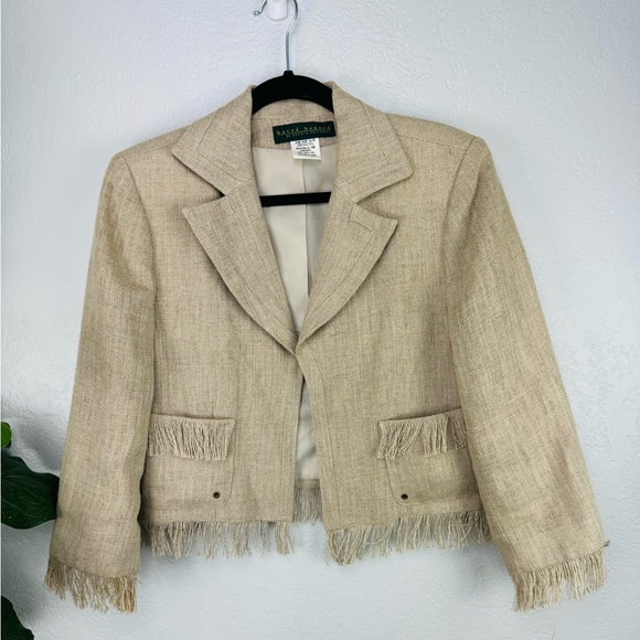 Harvey Bernard 100% Khaki Linen Two Piece Strapless Dress & Linen Fringe Jacket - Picture 2 of 12